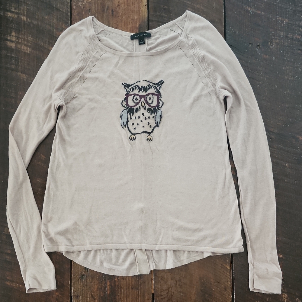 Ann Taylor - Owl Embroidered Beige Lightweight Sweater